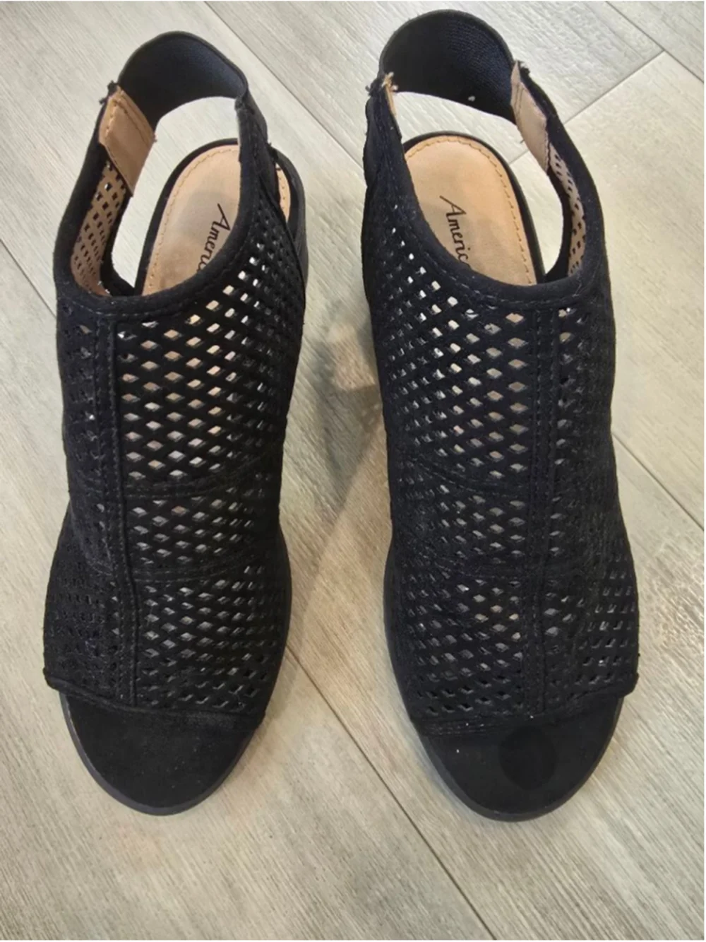Women's American Eagle Black Mesh Peep Toe Wedges Size 6.5